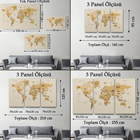 Detaylı Ülke Başkentli Eğitici İngilizce Dünya Haritası Dekoratif Kanvas Tablo, Duvar Dekoru 2619