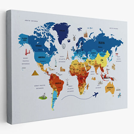 Sembollü Ülke Başkentli Eğitici Türkçe Dünya Haritası Dekoratif Kanvas Tablo, Duvar Dekoru 2640