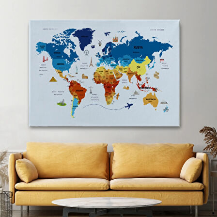 Sembollü Ülke Başkentli Eğitici Türkçe Dünya Haritası Dekoratif Kanvas Tablo, Duvar Dekoru 2640