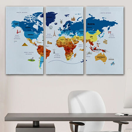 Sembollü Ülke Başkentli Eğitici Türkçe Dünya Haritası Dekoratif Kanvas Tablo, Duvar Dekoru 2640