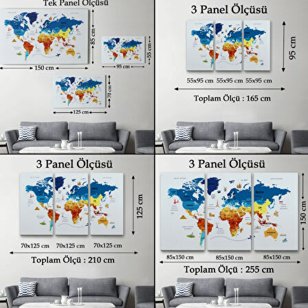 Sembollü Ülke Başkentli Eğitici Türkçe Dünya Haritası Dekoratif Kanvas Tablo, Duvar Dekoru 2640