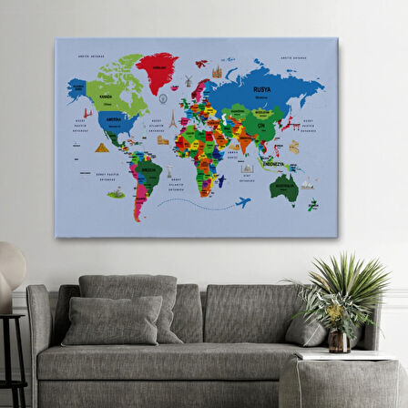 Sembollü Ülke Başkentli Eğitici Türkçe Dünya Haritası Dekoratif Kanvas Tablo, Duvar Dekoru 2704