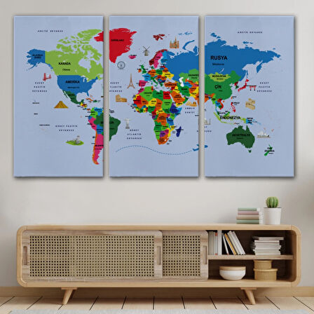 Sembollü Ülke Başkentli Eğitici Türkçe Dünya Haritası Dekoratif Kanvas Tablo, Duvar Dekoru 2704