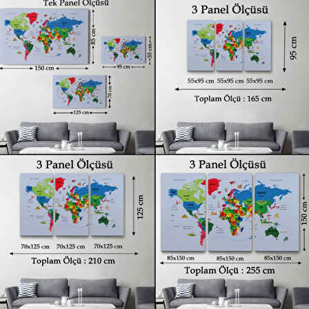 Sembollü Ülke Başkentli Eğitici Türkçe Dünya Haritası Dekoratif Kanvas Tablo, Duvar Dekoru 2704