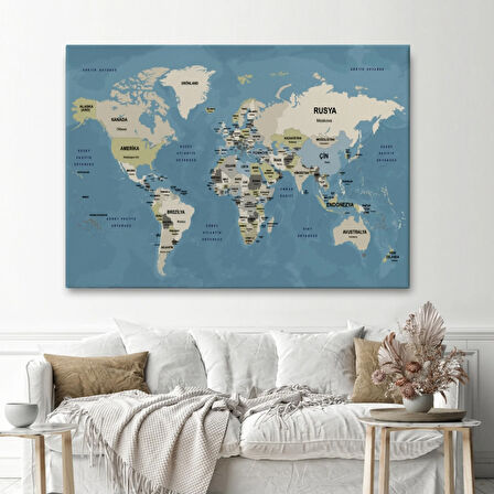 Detaylı Ülke Başkentli Okyanuslu Türkçe Dünya Haritası Dekoratif Kanvas Tablo, Duvar Dekoru 2742