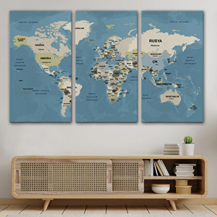 Detaylı Ülke Başkentli Okyanuslu Türkçe Dünya Haritası Dekoratif Kanvas Tablo, Duvar Dekoru 2742