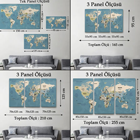 Detaylı Ülke Başkentli Okyanuslu Türkçe Dünya Haritası Dekoratif Kanvas Tablo, Duvar Dekoru 2742