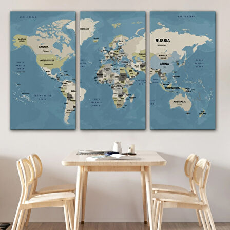 Ülke Başkentli Okyanuslu İngilizce Dünya Haritası Dekoratif Kanvas Tablo, Duvar Dekoru 2743