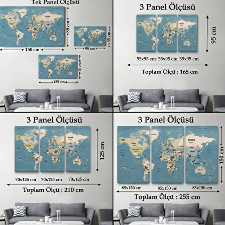 Ülke Başkentli Okyanuslu İngilizce Dünya Haritası Dekoratif Kanvas Tablo, Duvar Dekoru 2743