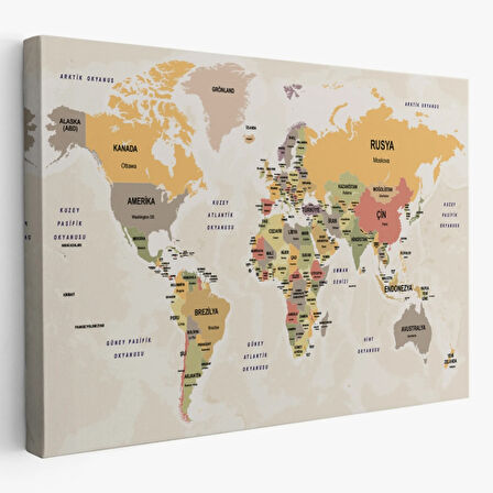 Ülke Başkentli Okyanuslu Türkçe Dünya Haritası Dekoratif Kanvas Tablo, Duvar Dekoru 2744