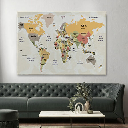 Ülke Başkentli Okyanuslu Türkçe Dünya Haritası Dekoratif Kanvas Tablo, Duvar Dekoru 2744