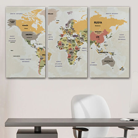 Ülke Başkentli Okyanuslu Türkçe Dünya Haritası Dekoratif Kanvas Tablo, Duvar Dekoru 2744