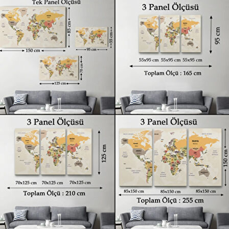 Ülke Başkentli Okyanuslu Türkçe Dünya Haritası Dekoratif Kanvas Tablo, Duvar Dekoru 2744