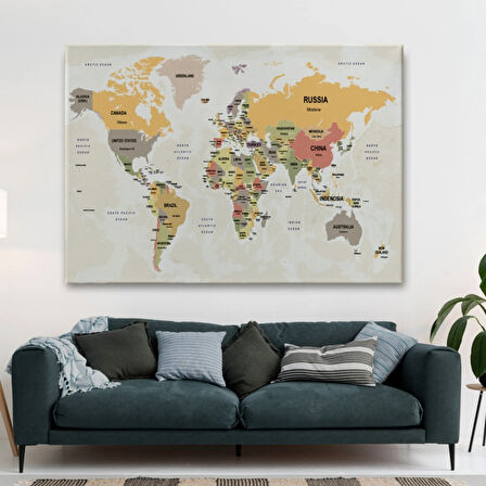 Ülke Başkentli Okyanuslu İngilizce Dünya Haritası Dekoratif Kanvas Tablo, Duvar Dekoru 2745