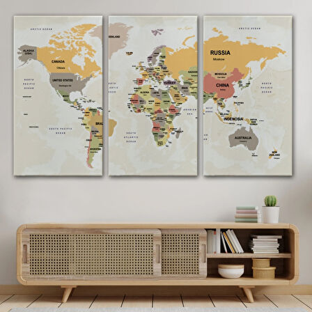 Ülke Başkentli Okyanuslu İngilizce Dünya Haritası Dekoratif Kanvas Tablo, Duvar Dekoru 2745