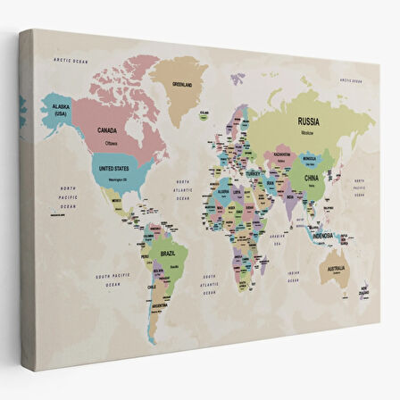 Ülke Başkentli Okyanuslu İngilizce Dünya Haritası Dekoratif Kanvas Tablo, Duvar Dekoru 2749