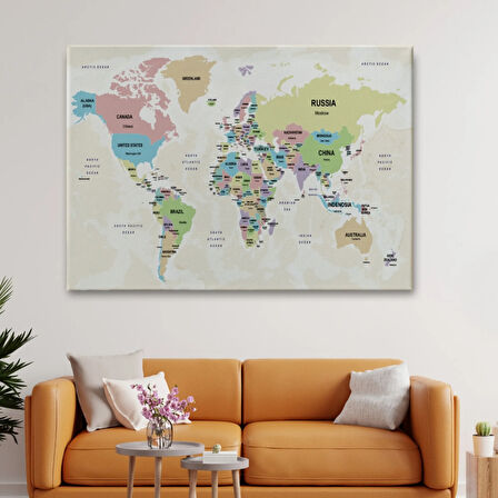 Ülke Başkentli Okyanuslu İngilizce Dünya Haritası Dekoratif Kanvas Tablo, Duvar Dekoru 2749