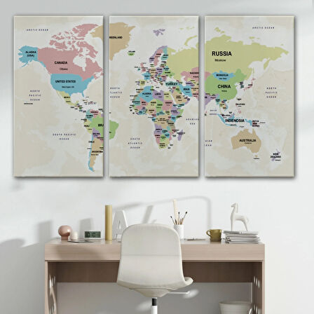 Ülke Başkentli Okyanuslu İngilizce Dünya Haritası Dekoratif Kanvas Tablo, Duvar Dekoru 2749