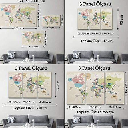 Ülke Başkentli Okyanuslu İngilizce Dünya Haritası Dekoratif Kanvas Tablo, Duvar Dekoru 2749