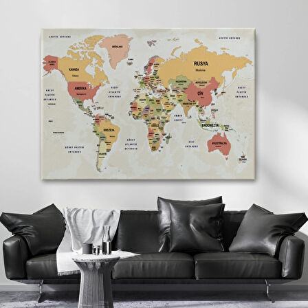 Ülke Başkentli Okyanuslu Türkçe Dünya Haritası Dekoratif Kanvas Tablo, Duvar Dekoru 2750