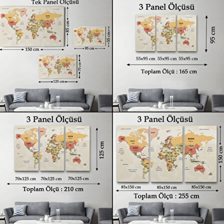 Ülke Başkentli Okyanuslu Türkçe Dünya Haritası Dekoratif Kanvas Tablo, Duvar Dekoru 2750