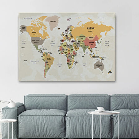 Ülke Başkentli Okyanuslu İngilizce Dünya Haritası Dekoratif Kanvas Tablo, Duvar Dekoru 2751