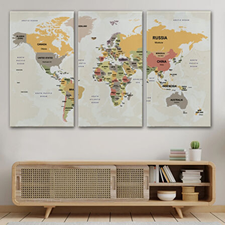 Ülke Başkentli Okyanuslu İngilizce Dünya Haritası Dekoratif Kanvas Tablo, Duvar Dekoru 2751