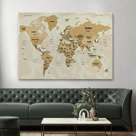 Ülke Başkentli Okyanuslu İngilizce Dünya Haritası Dekoratif Kanvas Tablo, Duvar Dekoru 2765