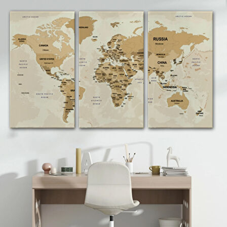 Ülke Başkentli Okyanuslu İngilizce Dünya Haritası Dekoratif Kanvas Tablo, Duvar Dekoru 2765