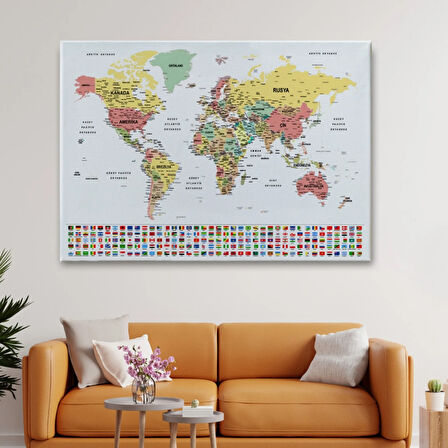 Detaylı Ülke Bayraklı Öğretici Türkçe Dünya Haritası Dekoratif Kanvas Tablo, Duvar Dekoru 2793