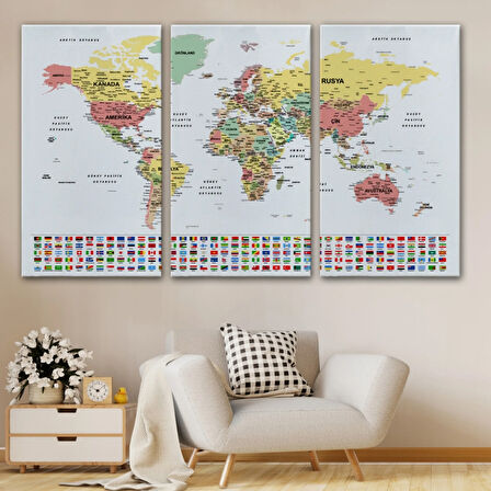 Detaylı Ülke Bayraklı Öğretici Türkçe Dünya Haritası Dekoratif Kanvas Tablo, Duvar Dekoru 2793