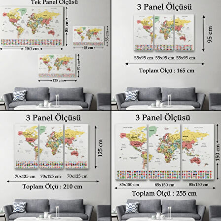 Detaylı Ülke Bayraklı Öğretici Türkçe Dünya Haritası Dekoratif Kanvas Tablo, Duvar Dekoru 2793