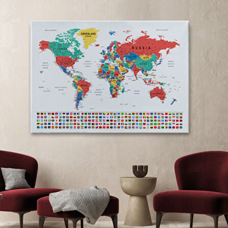 Detaylı Ülke Bayraklı Öğretici İngilizce Dünya Haritası Dekoratif Kanvas Tablo, Duvar Dekoru 2794