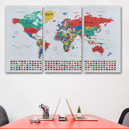 Detaylı Ülke Bayraklı Öğretici İngilizce Dünya Haritası Dekoratif Kanvas Tablo, Duvar Dekoru 2794