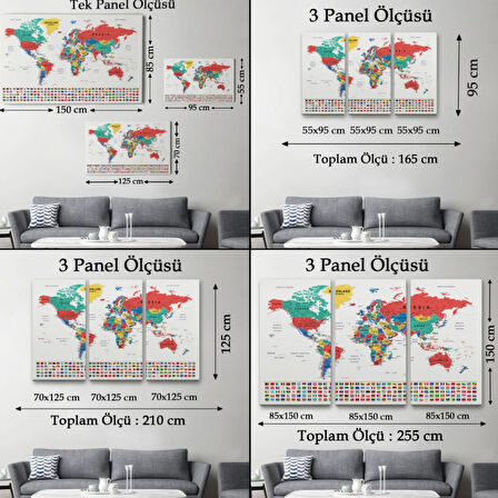 Detaylı Ülke Bayraklı Öğretici İngilizce Dünya Haritası Dekoratif Kanvas Tablo, Duvar Dekoru 2794