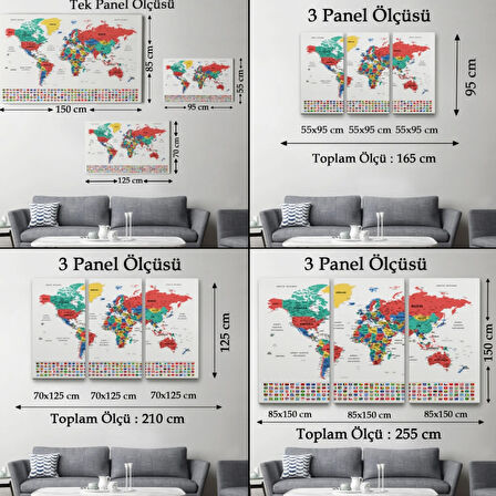Detaylı Ülke Bayraklı Öğretici Türkçe Dünya Haritası Dekoratif Kanvas Tablo, Duvar Dekoru 2795