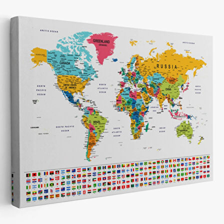 Detaylı Ülke Bayraklı Öğretici İngilizce Dünya Haritası Dekoratif Kanvas Tablo, Duvar Dekoru 2796
