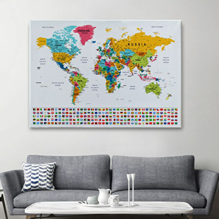 Detaylı Ülke Bayraklı Öğretici İngilizce Dünya Haritası Dekoratif Kanvas Tablo, Duvar Dekoru 2796