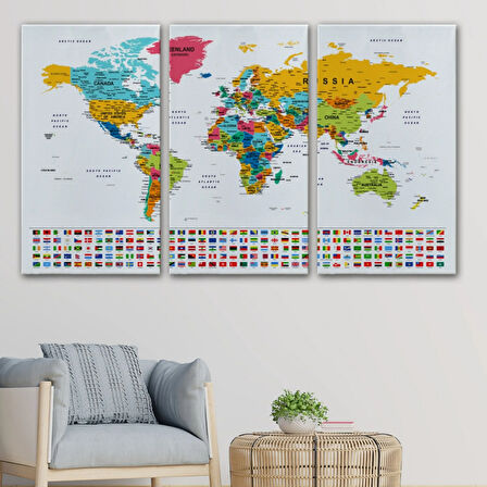 Detaylı Ülke Bayraklı Öğretici İngilizce Dünya Haritası Dekoratif Kanvas Tablo, Duvar Dekoru 2796