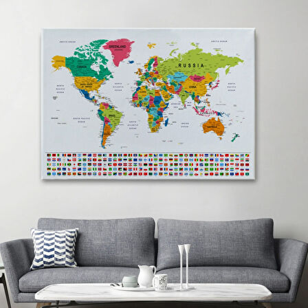 Detaylı Ülke Bayraklı Öğretici İngilizce Dünya Haritası Dekoratif Kanvas Tablo, Duvar Dekoru 2798