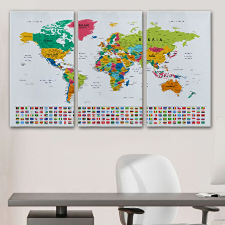 Detaylı Ülke Bayraklı Öğretici İngilizce Dünya Haritası Dekoratif Kanvas Tablo, Duvar Dekoru 2798