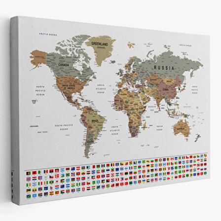 Detaylı Ülke Bayraklı Öğretici İngilizce Dünya Haritası Dekoratif Kanvas Tablo, Duvar Dekoru 2808