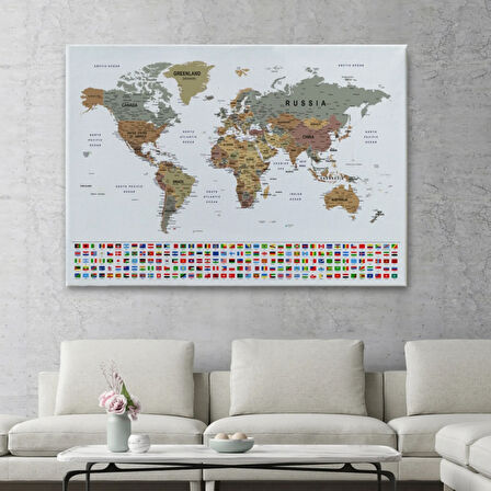 Detaylı Ülke Bayraklı Öğretici İngilizce Dünya Haritası Dekoratif Kanvas Tablo, Duvar Dekoru 2808