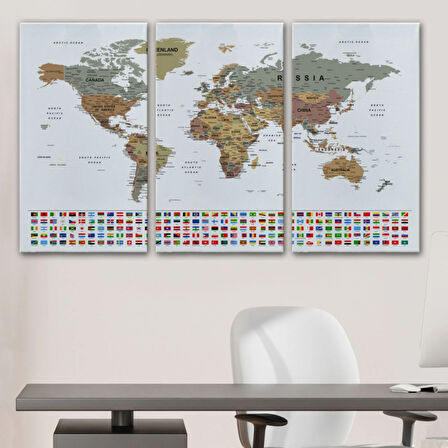 Detaylı Ülke Bayraklı Öğretici İngilizce Dünya Haritası Dekoratif Kanvas Tablo, Duvar Dekoru 2808