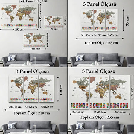 Detaylı Ülke Bayraklı Öğretici İngilizce Dünya Haritası Dekoratif Kanvas Tablo, Duvar Dekoru 2808