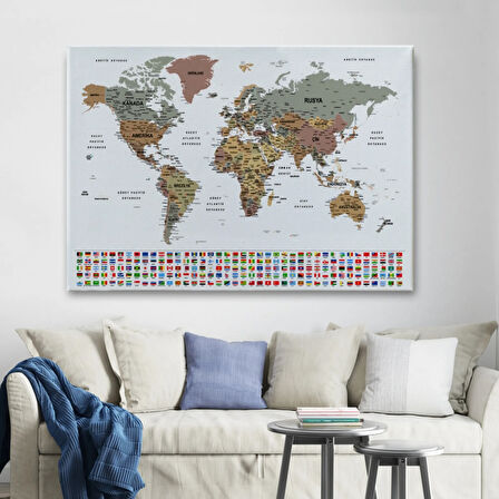 Detaylı Ülke Bayraklı Öğretici Türkçe Dünya Haritası Dekoratif Kanvas Tablo, Duvar Dekoru 2809