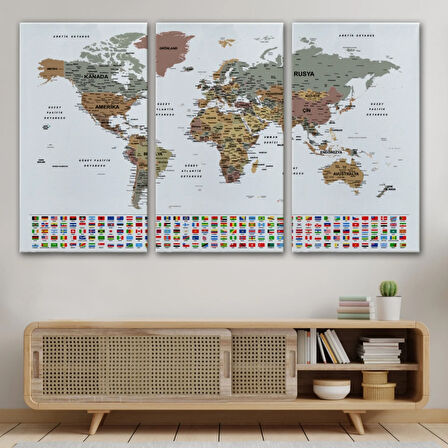 Detaylı Ülke Bayraklı Öğretici Türkçe Dünya Haritası Dekoratif Kanvas Tablo, Duvar Dekoru 2809