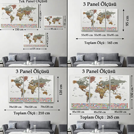Detaylı Ülke Bayraklı Öğretici Türkçe Dünya Haritası Dekoratif Kanvas Tablo, Duvar Dekoru 2809