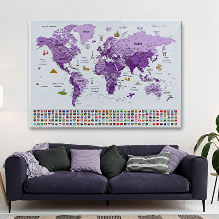 Detaylı Ülke Bayraklı Öğretici Türkçe Dünya Haritası Dekoratif Kanvas Tablo, Duvar Dekoru 2818