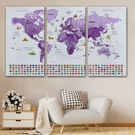 Detaylı Ülke Bayraklı Öğretici Türkçe Dünya Haritası Dekoratif Kanvas Tablo, Duvar Dekoru 2818